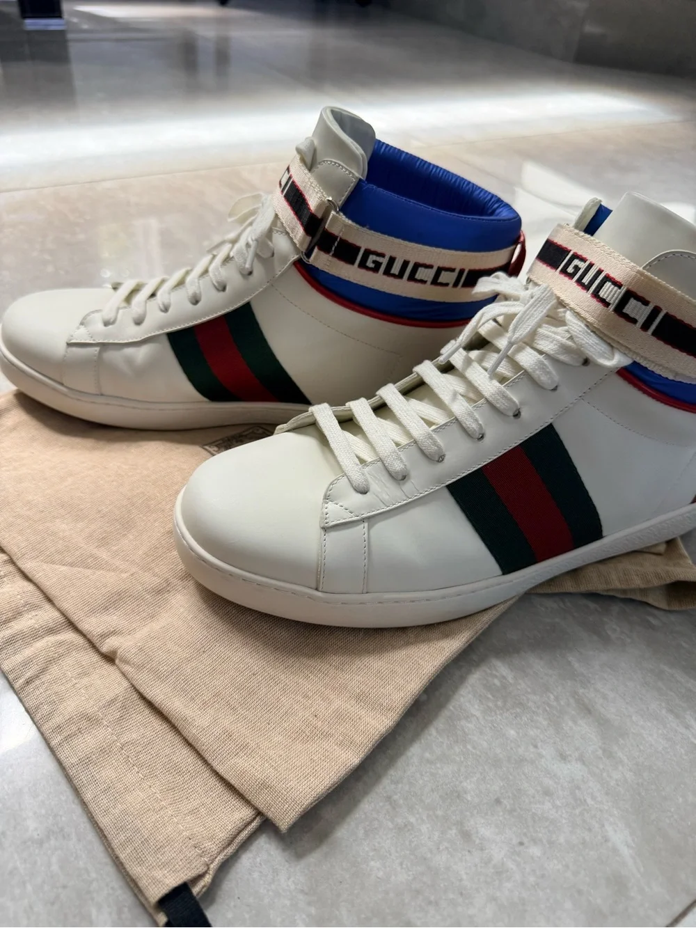 Gucci White High-Top Leather Sneakers with Green and Red Web Stripe
